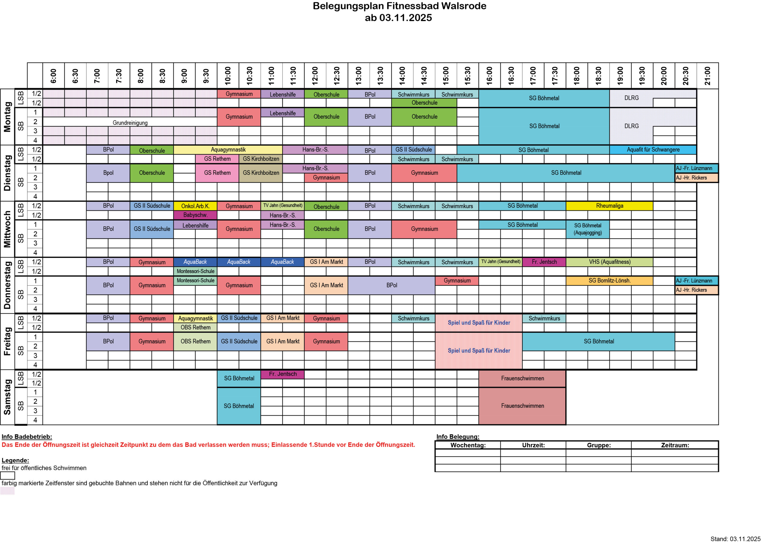 Belegungsplan Fitnessbad Walsrode ab 03.11.2025