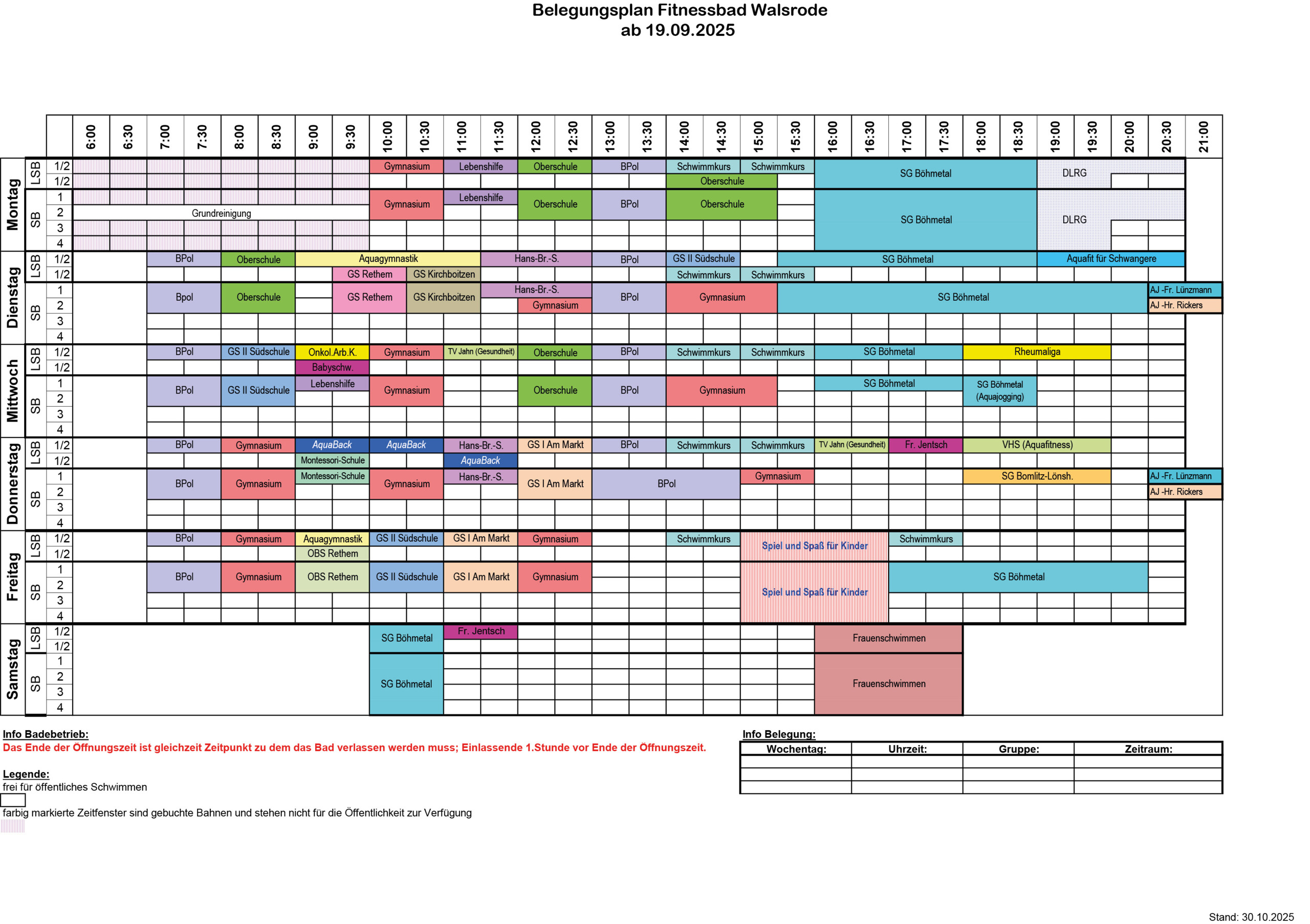 Belegungsplan Fitnessbad Walsrode ab 30.10.2025
