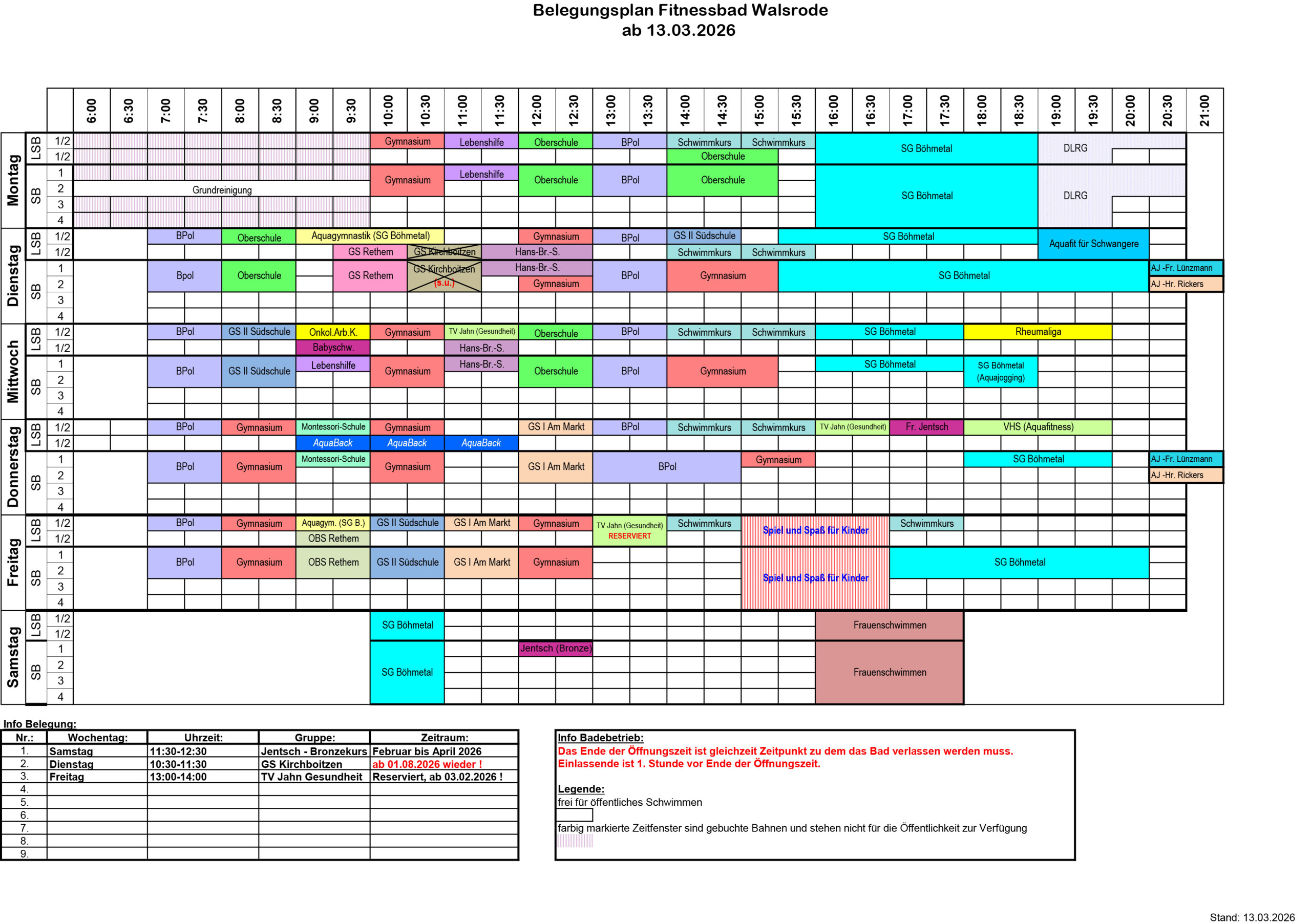 Belegungsplan Fitnessbad Walsrode ab 13.03.2026
