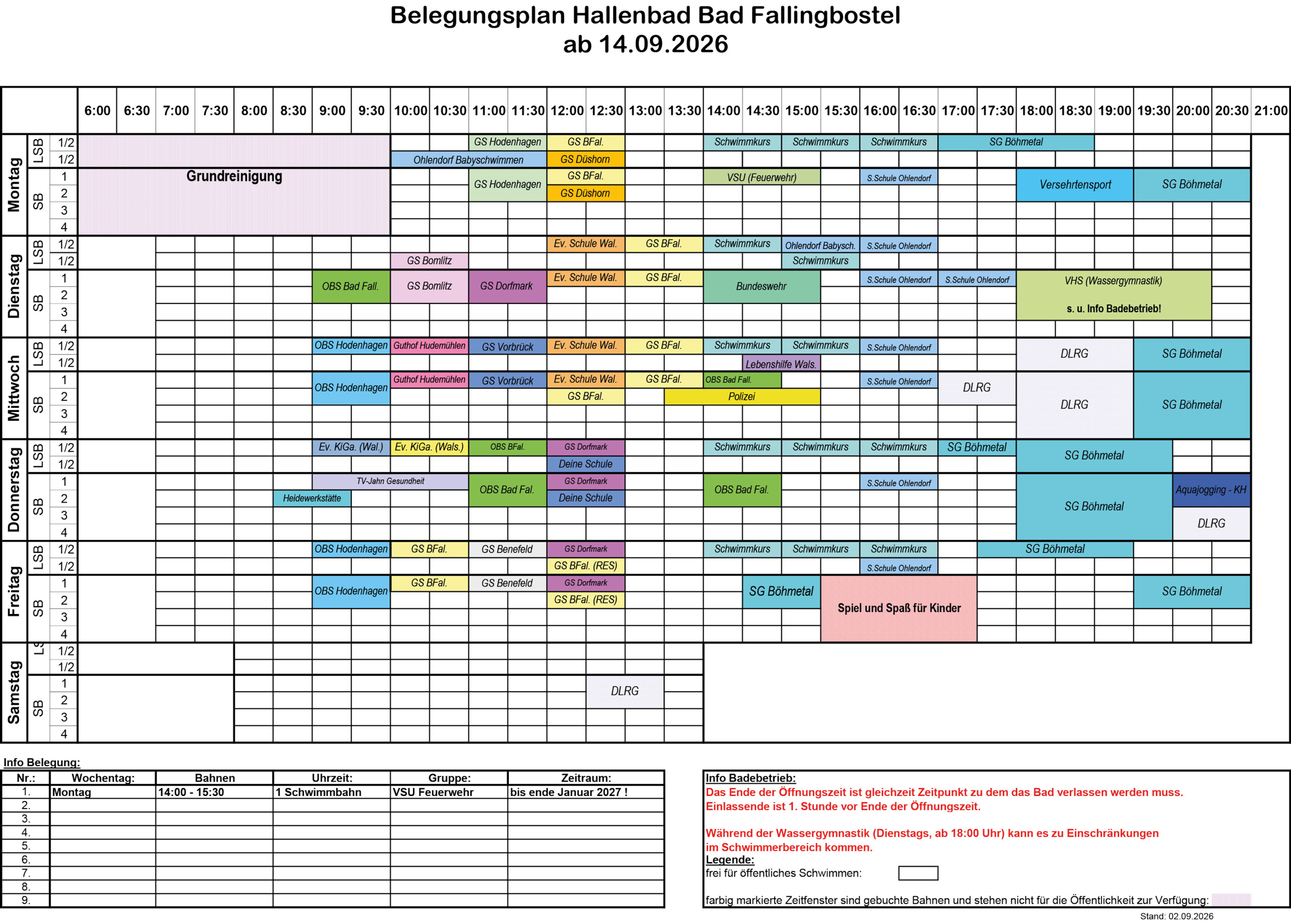 Belegungsplan Hallenbad Bad Fallingbostel ab 14.09.2026