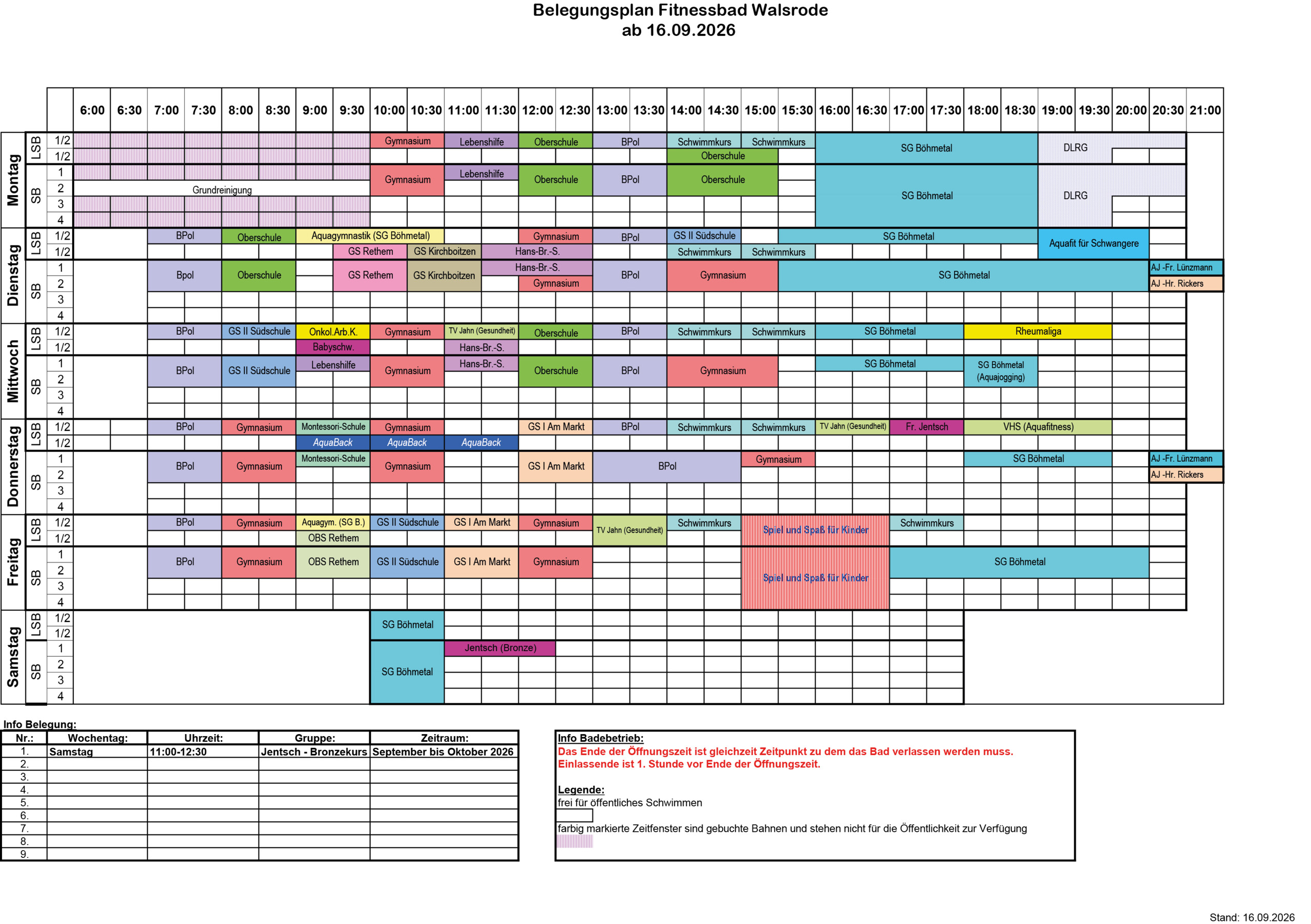 Belegungsplan Fitnessbad Walsrode ab 16.09.2026