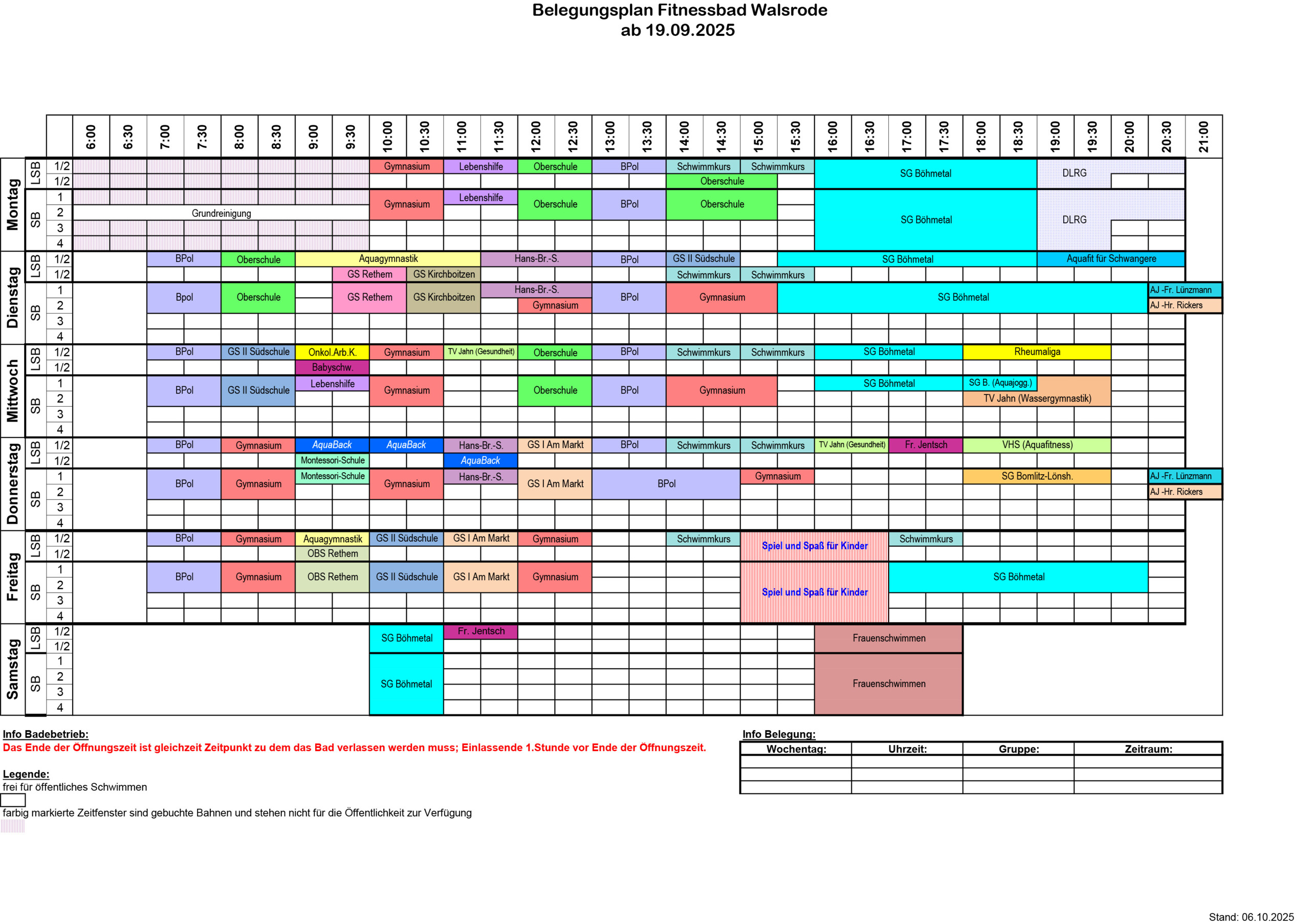Belegungsplan Fitnessbad Walsrode ab 19.09.2025