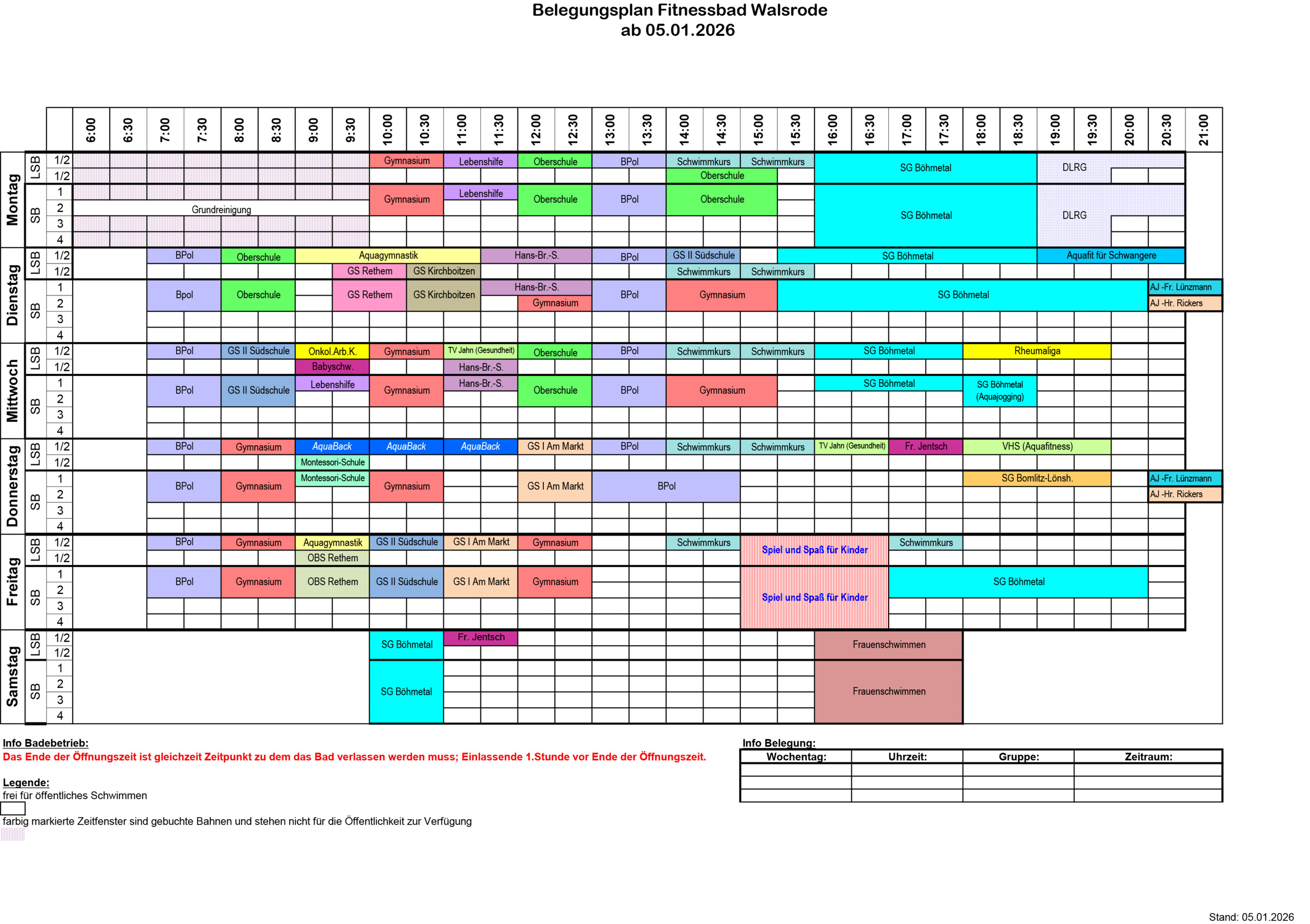 Belegungsplan Fitnessbad Walsrode ab 05.01.2026