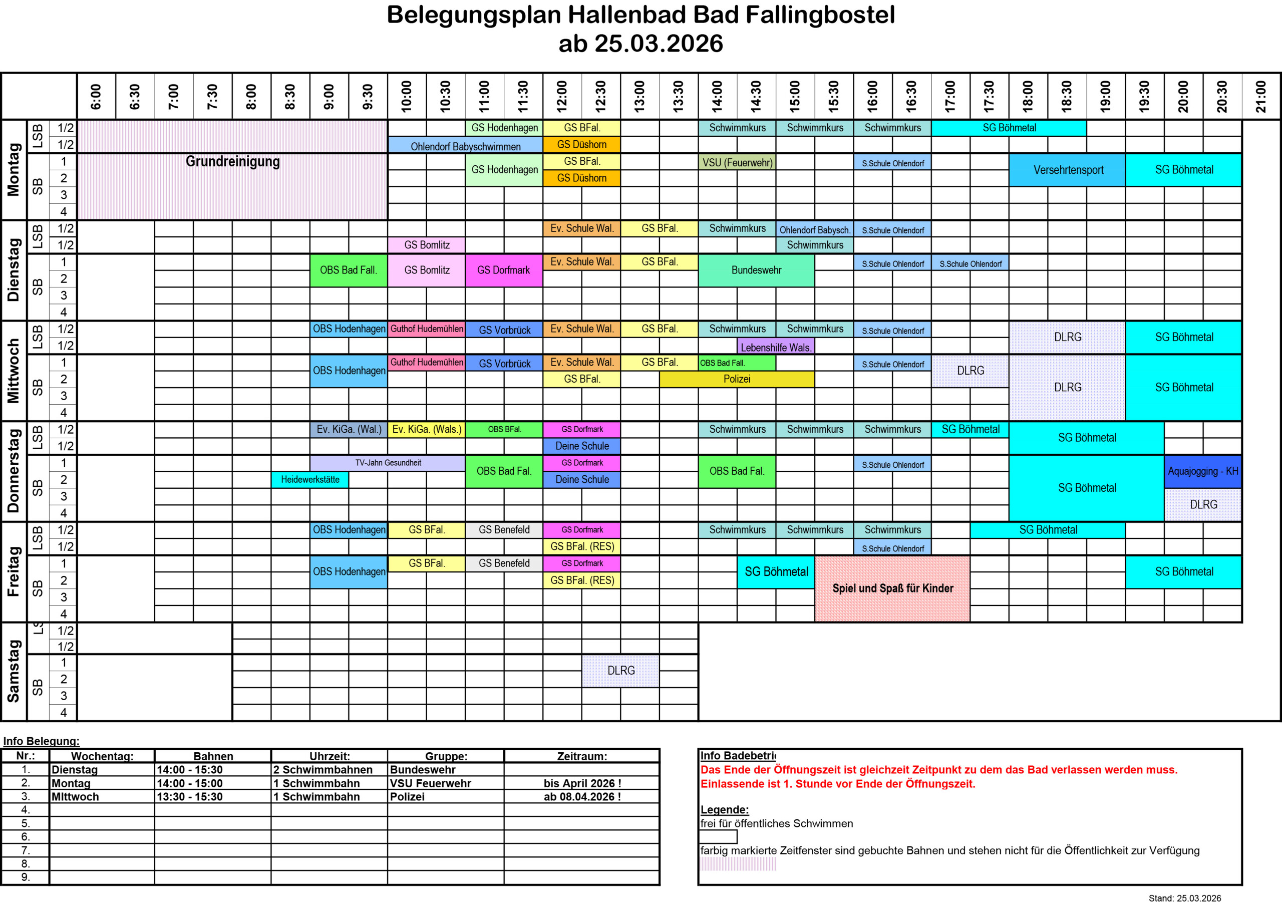Belegungsplan Hallenbad Bad Fallingbostel ab 25.03.2025